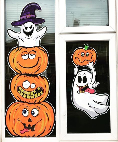 Halloween Art Decorations, Halloween Decor Window Ideas, Halloween Decorations On Windows, Halloween Decor For Windows, Halloween Window Art Ideas, Halloween Chalk Paint Window, Halloween Window Ideas Diy, Halloween Window Mural, Halloween Window Display Home Diy