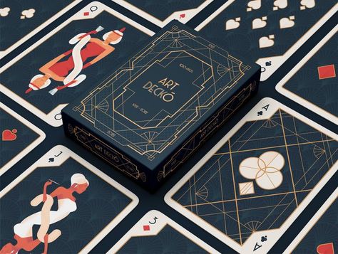 Art Deckó is a poker deck with a design and style based on the art movement of the early 20th century, Art Deco. The design arises in order to celebrate 100 years since the beginning of the avant-garde, managing to bring back the subtlety and elegance that were used in the works of the time. Gambling Graphic Design, Art Deco Playing Cards, Playing Card Deck Design, Art Deco Branding Design, Playing Card Box Design, Art Deco Packaging Design, Cards Illustration Design, Deck Of Cards Aesthetic, Art Deco Layout