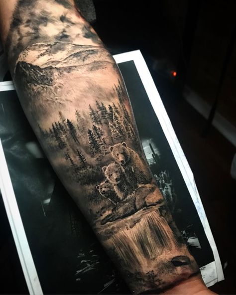 Bear family nature scene by Dylan Weber, an artist based in Sydney, Australia. Bear River Tattoo, Forest Scene Tattoo Design, Forest And River Tattoo, Family Of Bears Tattoo, Forest Scene Tattoo, Forest Mountain Tattoo, Mountain River Tattoo, Treeline Tattoo, Bear Family Tattoo