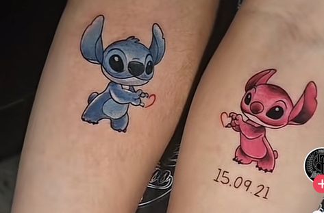 Couples Stitch Tattoos, Couples Dog Tattoos, Thing One And Thing Two Tattoo, Lilo And Stitch Tattoo Matching, Matching Stitch Tattoos, Stitch Matching Tattoos, Disney Couples Tattoos, Stitch Ohana Tattoo, Stitch And Angel Tattoo