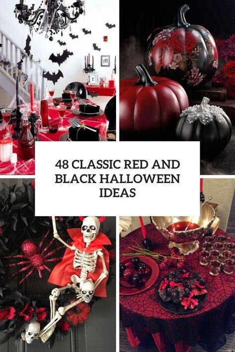 classic red and black halloween ideas cover Red And Black Halloween Tablescape, Red Halloween Party Decor, Halloween Wedding Red And Black, Halloween Decorations Vampire, Black And Red Halloween Party, Red Halloween Decorations, Red And Black Halloween Decorations, Red And Black Halloween Party, Red And Black Centerpieces