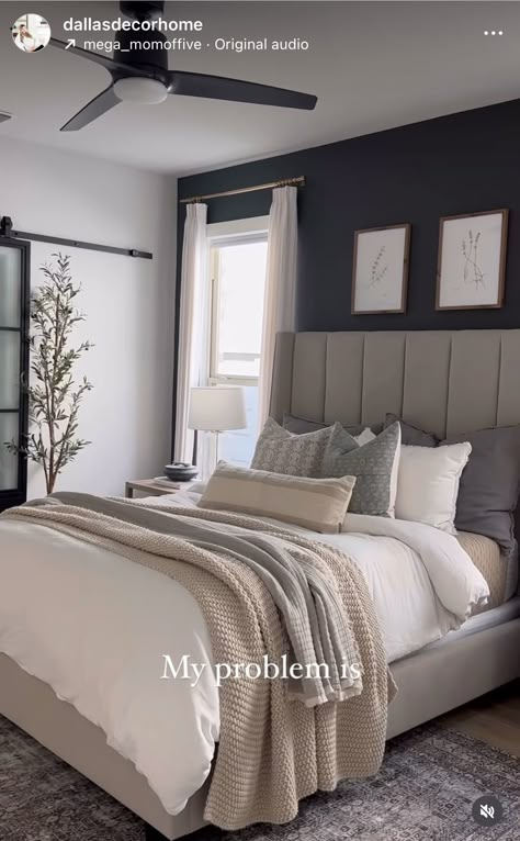 Grey Headboard Beige Bedding, Bedroom Gray Bed Frame, Master Bedrooms Decor Gray Headboard, Dark Gray Headboard Bedroom Decor, Dark Grey Bedroom Decor, Gray Bed Ideas, Bedroom Ideas Grey Headboard, Grey Master Bedrooms Decor, Light Grey Walls Bedroom