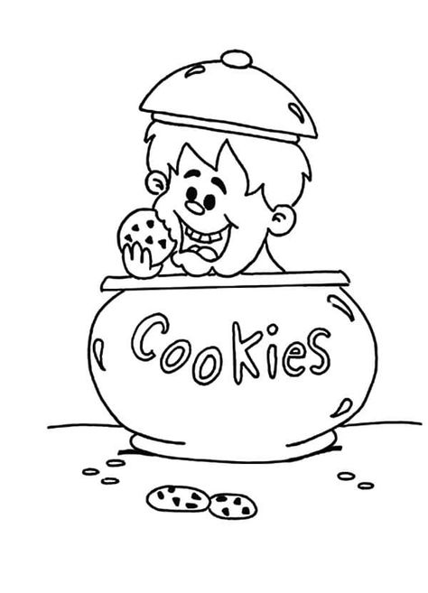 Boy in Cookie Jar Coloring Page - Free Printable Coloring Pages for Kids Jar Of Cookies Drawing, Scout Drawing, Drawing Cookies, Jar Coloring Page, C Is For Cookie, Cookie Drawing, Airplane Coloring Pages, J Words, Cartoon Cookie