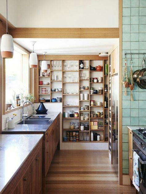 Kitchen Open Shelves, Open Pantry, Interior Dapur, Pantry Wall, Bohemian Kitchen, Open Kitchen Shelves, Melbourne House, Studio Interior, Cabin Ideas