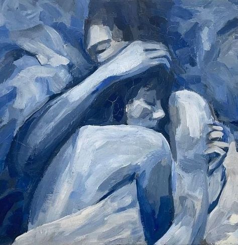 Longing For Something Unknown, Dark Blue Painting Aesthetic, Hug Painting Couple, Pain Artwork Paintings, Abstract Couple Art, Romantism Art Romanticism, Back Hug Couple, Relationship Paintings, Abstract Romantic Art