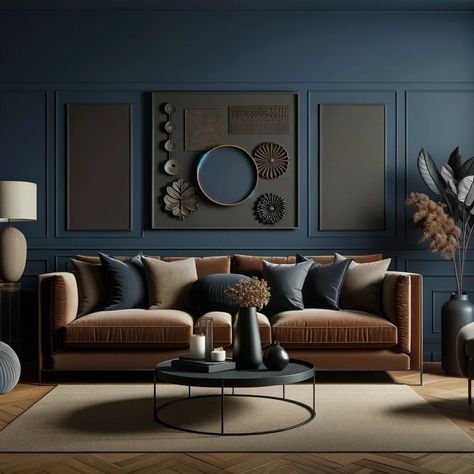 navy blue walls and brown furniture