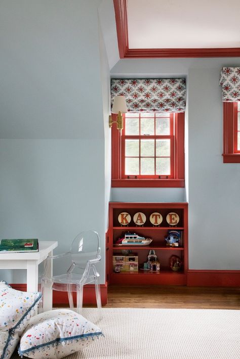 Farmhouse Kids Room, Red Kids Rooms, Boy Room Red, Sarah Winchester, Playroom Paint, Blue Playroom, Blue Kids Room, Light Blue Walls, Kids Bedroom Inspiration