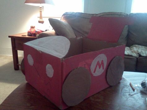 Mario Kart Cardboard box Cardboard Box Mario Kart, Rory's Birthday, Mario Halloween, Industry Baby, Mario Land, Cardboard Car, Valentine Boxes, Valentines Box, Teacher Classroom Decorations