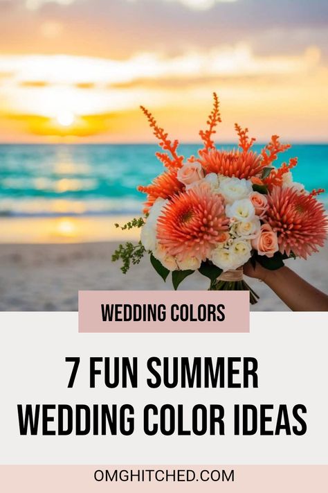 Planning a summer wedding? Discover these 7 fun and cheerful color ideas that will make your big day shine! From bright coral to refreshing turquoise, these vibrant hues will create stunning decorations, gorgeous floral arrangements, and unforgettable memories for you and your guests. Imagine a beach wedding with coral-colored flowers blooming against a golden sunset by the turquoise sea! Save your favorites and follow for more delightful wedding tips to add even more joy to your special day! Rustic Beach Wedding Ideas, Beach Wedding Color Schemes, Best Wedding Hashtags, Sunset Wedding Colors, Beach Wedding Colors, Wedding Color Ideas, Golden Sunset, Flowers Blooming, Wedding Hashtag