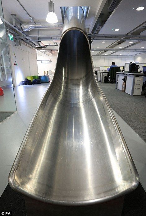 The 20ft-long Slide at Workshop offices in Folkestone, Kent - Cleva can build you one! Office Bean Bag, Folkestone Kent, Director Office, Indoor Slide, Coast House, Interior Wall Colors, Playground Slide, Indoor Slides, Basement Playroom