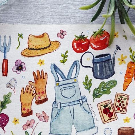 Nianiani on Instagram: "Back with more seasonal doodles, this time I decided to base of off gardening 🍅🥬🌼
.
Tutorial now up on my yt channel: nianiani
Downloadable outline is available for purchase in my ko-fi shop, you can find the link in the description box of my yt video
Enjoy!
.
.
.
.
.
#watercolor #watercolour #watercolorpainting #watercolorart #watercolortribe #worldofartists #instaart #watercolor_daily #watercolortutorial #worldwatercolorgroup #worldofart #watercolor_art #watercolor_art #watercolor_gallery #watercolordoodle #doodleart #cottagecore #watercolorcottagecore #summerdoodle #gardeningdoodle #watercolordoodle #summerpainting" Watercolor Fruits, Watercolor Fruit, Summer Painting, Yt Channel, Bullet Journal Art, Journal Art, Color Grouping, Watercolour Tutorials, Art Watercolor