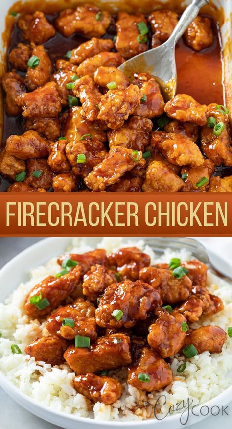 Firecracker Chicken served over rice with a delicious red fire sauce Crispy Chicken And Rice, Chicken Breast Chinese Recipes, Best Reheatable Meals, Easy Gourmet Meals, Chinese Chicken Breast Recipes, What Can I Make With Chicken Breast, Chicken Breast Bites Recipes, Healthy Cozy Dinner Recipes, Quick And Easy Chicken Breast Recipes