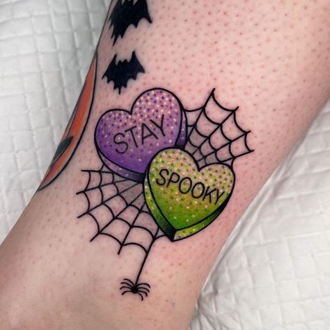 Spooky Color Tattoo, Halloween Candy Hearts Tattoo, Spooky Glitter Tattoo, Color Line Work Tattoo, Spooky Cupcake Tattoo, Halloween Cupcake Tattoo, Halloween Knee Tattoo, Ring Pop Tattoo, Glitter Tattoo Permanent