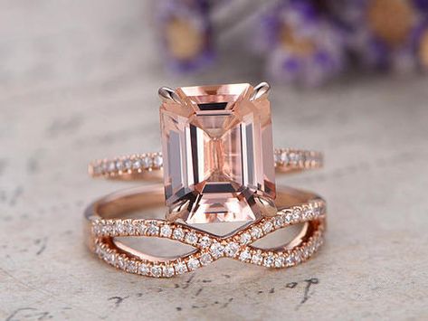 8x10mm Pink Morganite engagement ring with diamond ,Solid 14k Rose gold promise ring for her,Diamond wedding band custom made fine jewelry Emerald Cut Engagement Rings Vintage, Ring For Bride, Morganite Ring Set, Morganite Engagement Ring Set, Rose Gold Promise Ring, Pink Morganite Engagement Ring, Emerald Cut Engagement, Gold Promise Rings, Emerald Engagement Ring Cut