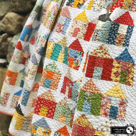 Village Free Quilt Pattern Village Quilt, Tree Quilt Pattern, Charm Pack Quilt Patterns, Girl Quilts Patterns, House Quilt Block, House Quilt Patterns, Row Quilt, Farm Quilt, Scrappy Quilt Patterns