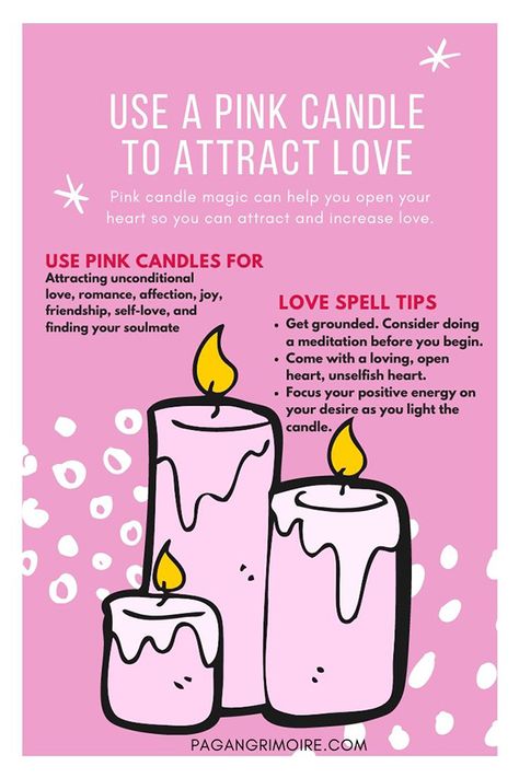 The Pink Candle has lots of meanings. It can help attract love, joy, friendship, kindness, affection, new partners, and help you find your soulmate. Doing some pink candle magic may also increase your overall capacity for love, including self love. It's a great candle for Valentine's Day, new love, weddings, or anniversaries to help rekindle love and romance as well. #wicca #valentinesday #love #candlemagic Self Love Candle Spell, Pink Candle Magic, Nature Manifestation, Witchcraft Candle Magic, Witch Knowledge, Candle Meanings, Candles Inspiration, Witch Potions, Rekindle Love