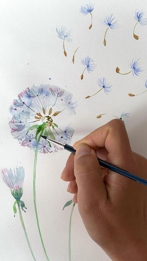 Flower Art Watercolor, Watercolor Dandelion, Painting Flowers Tutorial, Learn Watercolor Painting, Art Tutorials Watercolor, Watercolor Flowers Tutorial, Seni Dan Kraf, Drawing Flowers, Paint Watercolor