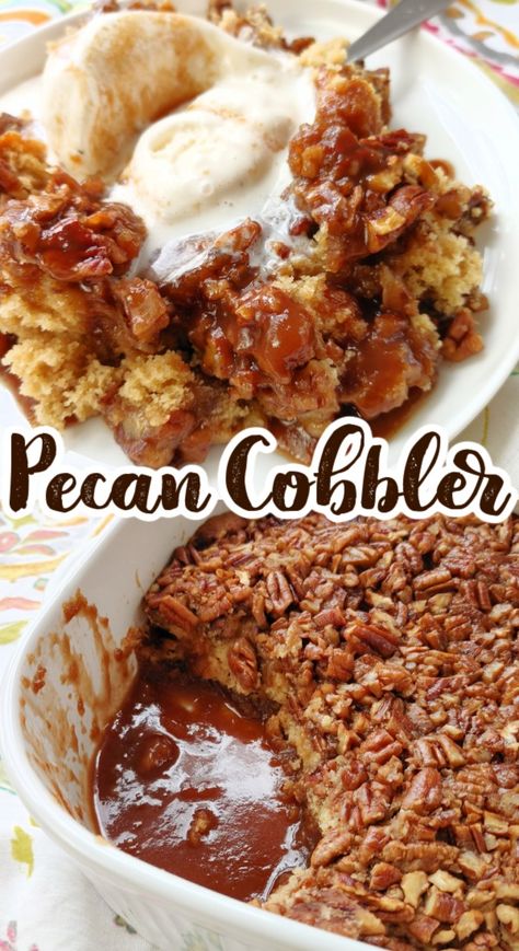 An easy, homemade dessert recipe with a warm, gooey butterscotch/caramel sauce that’s baked-in under a pecan-studded cake layer as the cobbler bakes. Southern Desserts Easy, Pecan Cobbler Recipe Easy, Southern Fall Recipes, Thanksgiving Cobbler, Caramel Pecan Desserts, Easy Cobbler Recipes, Fall Cobbler, Casserole Desserts, Southern Dessert Recipes