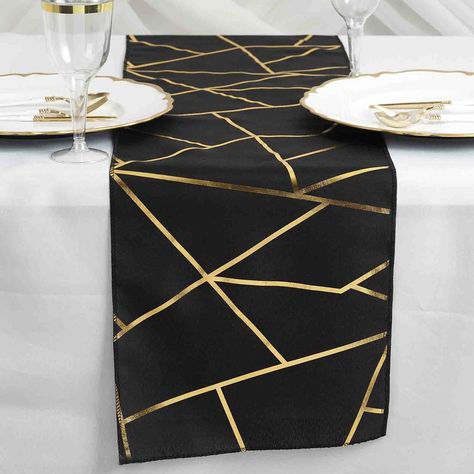 9 Ft Black Geometric Table Runner With Gold Foil Patterns Black Table Runner, Gold Table Runners, Geometric Table, Golden Pattern, Table Runners Wedding, Banquet Tables, Gold Table, Gold Party, Black Table