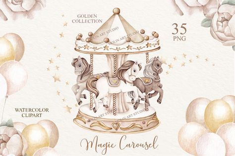 Golden Carousel Watercolor Clipart Carousel Clipart, Carousel Watercolor, Picnic Clipart, Watercolor Whimsical, Baby Wallpaper, Baby Room Design, Animal Clipart, Woodland Animals, Watercolor Clipart