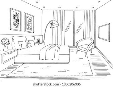 Bedroom graphic. Black and white home interior sketch, vector illustration. Room Perspective Drawing, Perspective Room, Interior Design Sketchbook, Black White Home, Furniture Design Sketches, Perspective Drawing Architecture, Bedroom Drawing, A Level Art Sketchbook, Perspective Drawing Lessons