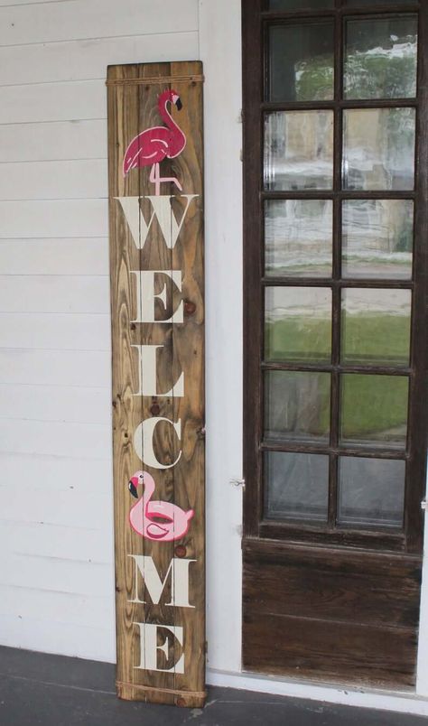 Hand-Painted Flamingo Wooden Welcome Sign Flamingo Welcome Sign, Wooden Flamingo, Paint Decoration, Backyard Signs, Outdoor Farmhouse, Summer Porch Decor, Patio Signs, Farmhouse Door, Board Signs