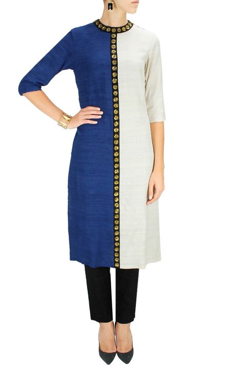 Ivory and blue half and half embroidered kurta with black pants by Priyal Prakash. Shop now at www.perniaspopups... #mostwanted #designer #fashion #couture #shopnow #perniaspopupshop #happyshopping Pattu Kurtis, Designer Kurta Sets For Women, Hindu Clothing, Party Wear Salwar Kameez, Kurta Sets For Women, Party Wear Salwar, Designer Kurta, Desi Wear, Pakistan Fashion