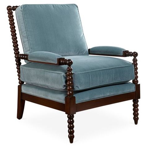 Offer your space a fresh new perspective with this stunning spindle chair. Masterfully carved legs and velvety upholstery immediately draws in the eye, while a cushy foam-and-fiber fill and a hand-tied eight-way suspension system ensures lasting comfort and support. Handmade in the USA. Spindle Chair, Teal Chair, Leather Chair With Ottoman, Stylish Accent Chairs, Teal Accent Chair, Scandinavian Dining Chairs, Perfect Chair, Upholstered Chair, Stylish Chairs