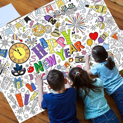 Giant Happy New Year Coloring Poster: Package include 1 large paper coloring poster and 24 pcs (12 Colors) Paint Pens. The simple coloring designs provide the kids with enjoyment of drawing without ink, which keeps mess away and is safe for human body! Large Size: 118 × 84cm/ 46.5 × 33.5 inch, perfect for families to paint on NYE party, welcome new year party activities, also suitable for classroom parties and crafts parent-child activities work and play together as a group activity! #Add #Link Poster Package, Coloring Tablecloth, Paper Coloring, Welcome New Year, Child Activities, Giant Poster, Coloring Designs, New Year Fireworks, New Year Eve