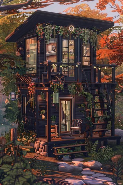 Sims4 Tiny House, Small Sims House, Sims 4 Tiny House Ideas, Sims Tiny House, Aesthetic Tiny House, Tiny Home Exteriors, Tiny House Sims 4, Mini House Design, Loft House Exterior