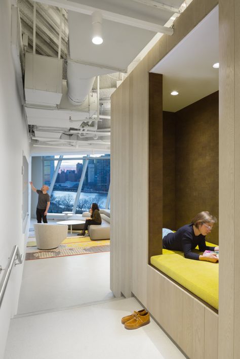 Two Sigma Collision Lab Offices - New York City - Office Snapshots Sleeping Pods Office, Office Sleeping Room, Acoustic Ceiling Tiles, Sleeping Pods, Community Table, Cool Office Space, Happy Lights, Office Tour, Cafe Seating