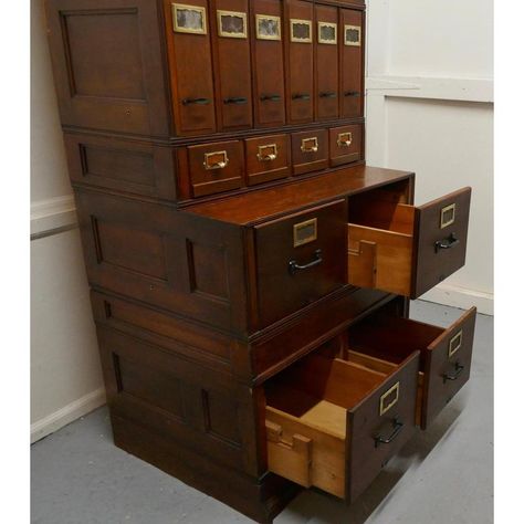 Vintage Industrial Yawman and Erbe stacking filing cabinet. This is a superb example of an American stacking system waterfall filing cabinet, this handsome and unusual piece, dates from circa 1900, it is made in oak with varying sizes of drawers for all of your filing needs. The cabinet has 4 large easy sliding filing drawers at the bottom, above these there are 4 card index drawers and above these there are 12 box file storage compartments, these have a wooden base and a metal frame to hold the Antique File Cabinet, Globe Wernicke, Vintage Filing Cabinet, Antique Office, Vintage Medicine Cabinets, Small Parts Storage, Handmade Wood Furniture, Box File, Primitive Kitchen Decor