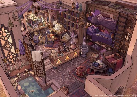 ArtStation - Magical Academy dorm, Loanne Rosset Magic School Dorm Room, Fantasy Academy Dorm Room, Magic Academy Fantasy Art, Magical Dorm Room, Magic Room Fantasy Art, Fantasy House Layout, Magic Inventions, Magic Classroom Fantasy Art, Fantasy Academy Art