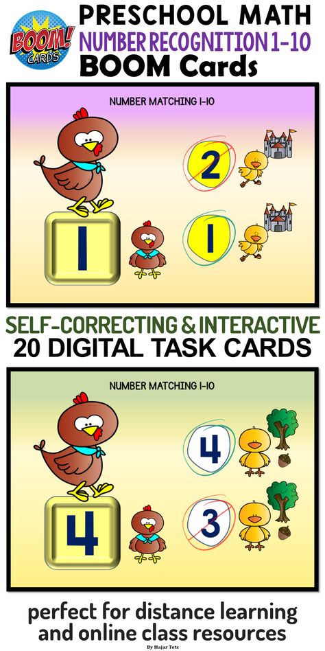 Let's have fun with Henny Penny Number Recognition 1 to 10 Preschool Boom Cards. These digital Boom Cards are self-correcting and interactive, making them perfect for distance learning or online class resources. They are hands-on and great practice for preschool, kindergarten, and toddlers. Self-correcting saves you time. Just click on the matching numbers. Henny Penny Preschool Activities, Number Writing Rhymes, Nursery Rhymes Math Activities, Number Rhymes 1-10, Number Recognition Games 1-20, Henny Penny, Number Recognition, Let's Have Fun, Preschool Math