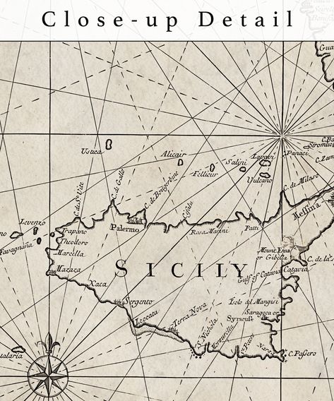 Coast of Italy & Sicily Map Print ----------------------------------------------------------------------------- * This vintage style map print is based on a real 1750 version and has the realistic look of an aging map. * Our restyling of real antique map art is the perfect combination of new and old, making them the perfect addition to any room--from living room to home office! * Map prints also make a great moving gift, holiday gift, or housewarming gift! SHIPPING -------------- Please note Old Sea Map, Sicily Map, Maps Drawing, Pirate Core, World Map Outline, Writing Examples, Sea Map, Vintage Maps Art, Arizona Map