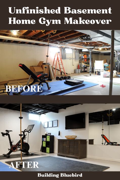 Budget friendly unfinished basement home gym makeover - top tips! Office In Unfinished Basement, Unfinished Basement Flooring, Unfinished Basement Workout Space, Unfinished Basement Gym Ideas, Basement Gym Colors, Basement Workout Room Unfinished, Easy Basement Remodel, Unfinished Basement Makeover, Unfinished Basement Laundry Room Ideas