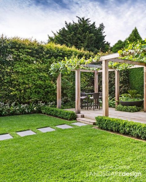 Justine Carlile on Instagram: "Enveloped by lush greenery, this heavenly backyard is the perfect place to relax and unwind with family and friends. Landscape Design: @justinecarlilelandscapedesign Timber: @porta_timber Feature Pot: @martinkellockpotsnplanters Photography: @patrickredmondphotography1" Bbq Arbor Ideas, Carport Landscaping Ideas, Pergola Landscaping Ideas, Garden Arches Ideas Backyards, Bbq Pavilion, Arbour Garden, Porta Timber, Timber Arbour, Landscape Pergola