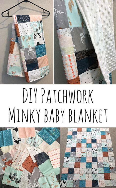 DIY patchwork minky baby blanket Minky Baby Blanket Diy, How To Sew Baby Blanket, Baby Diy Sewing, Patchwork Baby Blanket, Knit Patchwork, Diy Baby Blanket, Easy Baby Blanket, Patchwork Blanket, Patchwork Baby