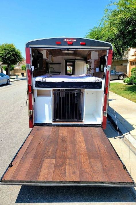 Begin tiny living in this converted utility trailer that is made for stealth camping or stealth tiny living in comfort! A unique hand crafted tiny home like this is a studio style with small kitchenette and bathroom alongside the elevated bed and simple seating. Diy Campers From Utility Trailer, Stealth Camper Trailer, Small Trailer Living, Utility Camper Trailer, Cargo Conversion Campers, Utility Trailer Camper Conversion, Diy Cargo Trailer, Small Enclosed Trailer, Converted Cargo Trailer