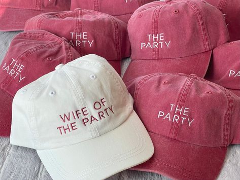 Cute Bridal Party Gifts, Wedding Party Accessories Fun, Casual Bachelorette Party Ideas, Wife Of The Party Bachelorette Theme, Bachelorette Party Details, Bachelorette Hat Ideas, Bachelorette Embroidery, Bachelorette Party Theme Nights, Bachelorette Trucker Hats