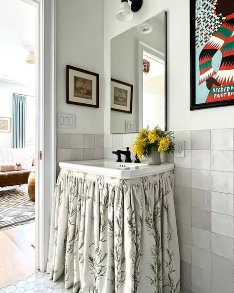 Bathroom Sink Skirt, Sink Skirt, Cottage Bath, Console Sink, Elegant Interior Design, Bathroom Ideas Small, Small Bathroom Ideas Modern, Shabby Chic Bathroom, Pedestal Sink