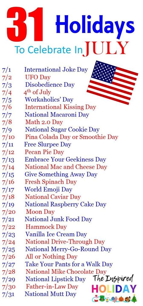 31 Holidays to celebrate in July. Make July even more festive with these wacky and silly holidays. #wackyholidays #julycelebrations #thingstodoinjuly Resident Activities, National Holiday Calendar, Silly Holidays, International Kissing Day, Monthly Celebration, World Emoji Day, Fun Holidays, National Day Calendar, Wacky Holidays