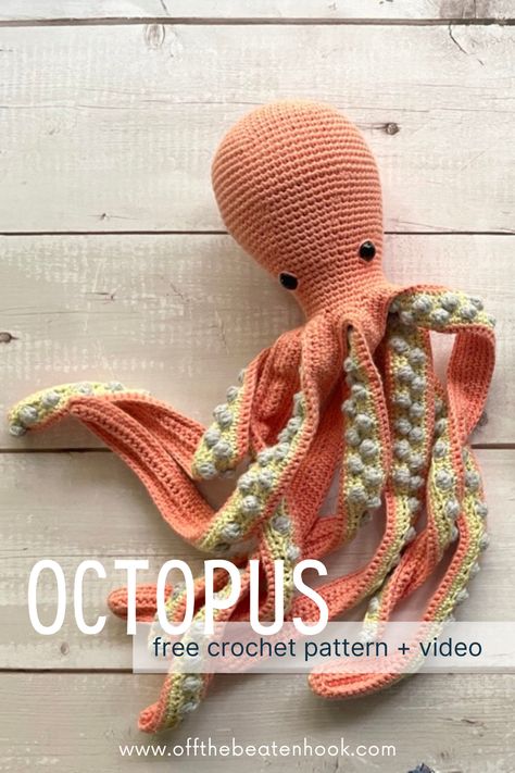 Charming and adorable, this free crochet octopus pattern comes with a full video tutorial to help you along the way! Ingrid will make the perfect gift for your little one or someone you love. Get the free amigurumi octopus pattern + video tutorial here! Crochet Flat Turtle Pattern Free, Free Crochet Pattern For Octopus, Free Giant Crochet Patterns, Amigurumi Octopus Pattern, Crochet Octopus Free Pattern Chunky Yarn, Large Octopus Crochet Pattern Free, Crochet Octopus Tentacles, How To Crochet An Octopus, Crochet Octopus Free Pattern Amigurumi