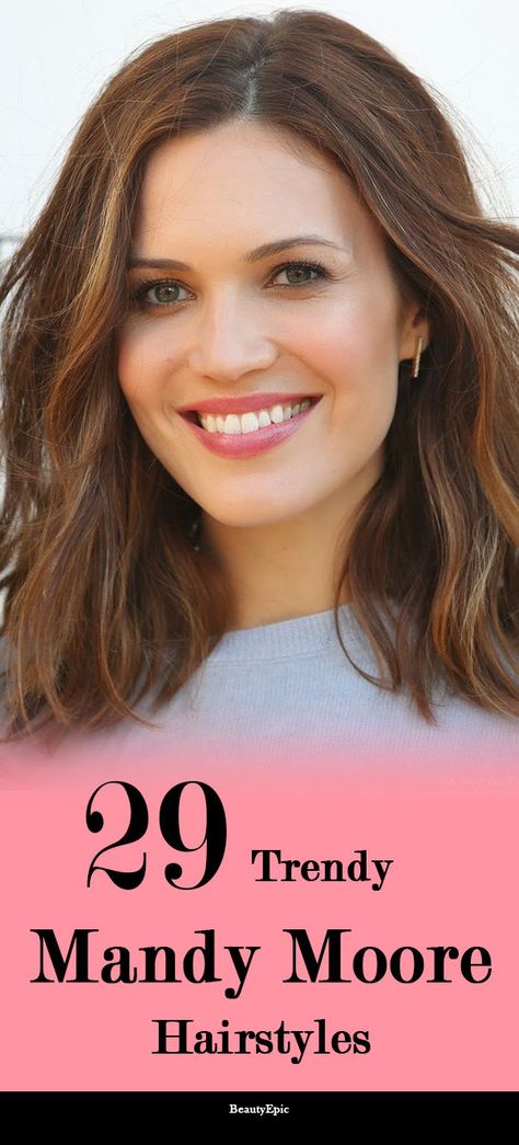 Mandy Moore Hairstyles Mandy Moore Hairstyles, Mandy Moore Style, Mandy Moore Short Hair, Mandy Moore Hair, Sandra Bullock Hair, Shoulder Length Hair With Bangs, Haircuts Ideas, Medium Curly Hair Styles, Mandy Moore