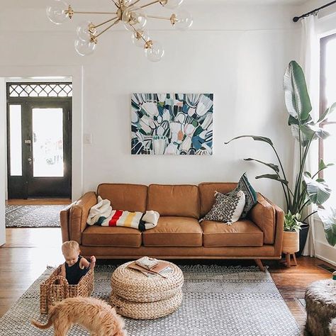 "A not-so-curated, regular morning moment over here. This new family room is coming together — annnnd look at this Article couch! It’s so comfy and even prettier in person." Photo by @luckyandi. #TimberSofa #ourArticle #WabiSabi #LivingRoomDesign    #Regram via @www.instagram.com/p/B3Zv2SnDXPC/ Article Couch, Couch Mid Century Modern, Brown Leather Couch Living Room, Tan Sofa, Brown Leather Couch, Moroccan Floor Cushions, Mid Century Modern Sofa, Mid Century Modern Living Room, Floor Seating