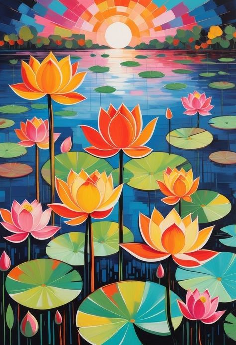 Abstract Lotus Painting, Lotus Painting Acrylic, Lotus Paintings, Beach Painting Ideas, Canvas Beach Painting, Canvas Hello Kitty, Hello Kitty Painting, Kitty Painting, Lotus Painting