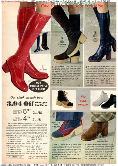 1970s Shoes, 70s Inspired Outfits, Platform Shoes Boots, 60s And 70s Fashion, Creative Shoes, Seventies Fashion, Montgomery Ward, Christmas Catalogs, Christmas Book