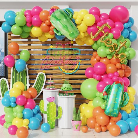 PRICES MAY VARY. 【What You Will Get】:31pcs hot pink balloons,20pcs orange balloons,30pcs yellow balloons,31pcs green balloons,20pcs blue balloons,2pcs cactus foil balloons,1pcs fiesta foil balloons,1pcs balloon arch strip tape,1 roll of 100 dot glue. 【Premium Materials】:Our cactus birthday party balloons are made of natural latex, non-toxic. All materials are of high quality and good safety. Please be careful not to overinflate the balloons,or they will be pop and burst easily. 【Wide Application Fiesta Balloon Arch, Three Esta Birthday Party, Fiesta Theme Party Decorations, Mexican Fiesta Party Decorations, Giant Cactus, Tropical Party Decorations, Mexican Fiesta Party, Luau Theme Party, Fiesta Birthday Party