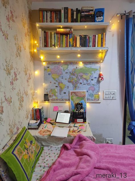 Study sessions Break Read travel and hustle 📚🧘‍♀️ 1 Rk Room Decor, Study Room Decor Aesthetic, Study Table Wall, Study Table Decor, Diy Study Table, Bedroom Ideas For Small Rooms Diy, Indian Room Decor, Diy Room Decor Videos, Indian Bedroom Decor