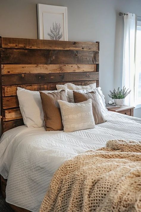 "Elevate your sleep space with a DIY Pallet Wood Headboard! 🛠️🛏️ Perfect for adding a rustic, handmade touch to your bedroom decor. 🌟✨ #PalletProjects #RusticBedroom #DIYHomeProjects" Rustic Wood Headboard Diy, Pine Headboard Diy, Diy Headboard Ideas Easy Cheap, Wooden Headboard Diy, Bunkhouse Remodel, Pallet Wood Headboard Diy, Diy Headboard Ideas Easy, Rustic Headboard Diy, Handmade Headboard